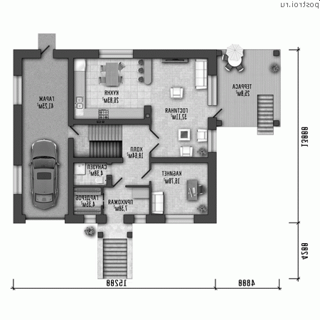 Y-428-1P проект двухэтажного дома из газобетона с цоколем и гаражом размером 20 на 17 - 1-й этаж