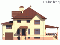 Y-428-1P проект двухэтажного дома из газобетона с цоколем и гаражом размером 20 на 17 - вид спереди