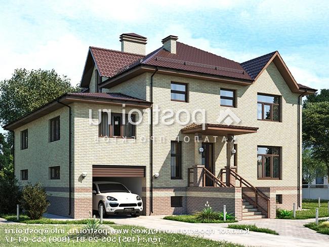 Y-428-1P проект двухэтажного дома из газобетона с цоколем и гаражом размером 20 на 17