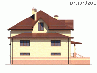 Y-428-1P проект двухэтажного дома из газобетона с цоколем и гаражом размером 20 на 17 - вид справа