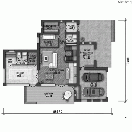 Y-446-1P проект трехэтажного дома из газобетона с гаражом размером 20 на 25 - 1-й этаж