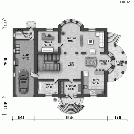 Y-598-1P проект трехэтажного дома из газобетона с подвалом и мансардой и гаражом размером 23 на 19 - 1-й этаж