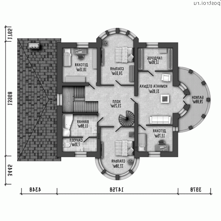 Y-598-1P проект трехэтажного дома из газобетона с подвалом и мансардой и гаражом размером 23 на 19 - 2-й этаж