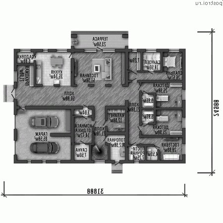 Y-974-1P проект одноэтажного дома из газобетона с мансардой и гаражом размером 32 на 25  - 1-й этаж
