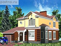 R-295-1K проект двухэтажного дома из кирпича с цоколем и гаражом размером 14 на 11 