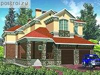 R-410-1K проект двухэтажного дома из кирпича с цоколем и гаражом размером 21 на 13 