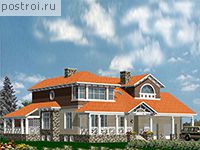 R-443-1K проект двухэтажного дома из кирпича с цоколем и гаражом размером 13 на 16 