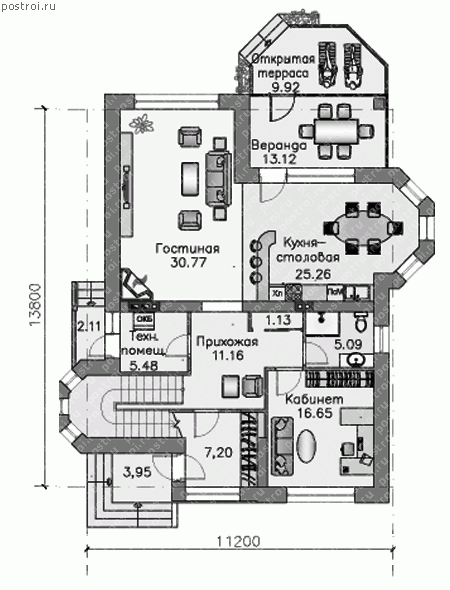 T-212-1P проект двухэтажного дома из пенобетона размером 14 на 11  - 1-й этаж