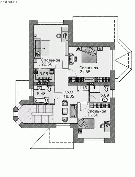 T-212-1P проект двухэтажного дома из пенобетона размером 14 на 11  - 2-й этаж