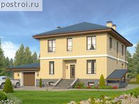 U-311-1K проект двухэтажного дома из кирпича с цоколем и гаражом размером 13 на 15 