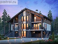 U-390-1P проект двухэтажного дома из газобетона с цоколем и гаражом размером 16 на 15 