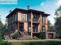 U-693-1K проект трехэтажного дома из кирпича с цоколем и мансардой и гаражом размером 14 на 14