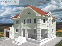 V-304-1P проект двухэтажного коттеджа из пенобетона с цоколем и мансардой и гаражом размером 12 на 15 