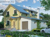 A-174-1D проект одноэтажного деревянного дома из бревна с мансардой и гаражом размером 14 на 12 