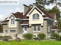 B-305-1K проект двухэтажного коттеджа из кирпича с цоколем и гаражом размером 14 на 15 