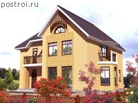 D-314-1P проект двухэтажного дома из пенобетона с цоколем и гаражом размером 15 на 14 