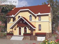 D-368-1P проект двухэтажного дома из газобетона с цоколем и гаражом размером 16 на 16 