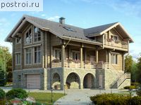 D-388-1D проект двухэтажного деревянного дома из бруса с цоколем и мансардой и гаражом размером 13 на 15