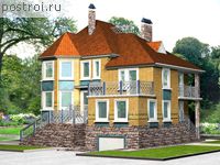 E-359-1P проект двухэтажного коттеджа из газобетона с цоколем и гаражом размером 12 на 13 