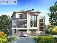 E-412-1K проект трехэтажного дома из кирпича с цоколем и мансардой и гаражом размером 15 на 12 