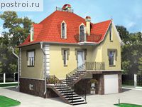 H-127-1P проект двухэтажного коттеджа из газобетона с цоколем и мансардой и гаражом размером 7 на 8