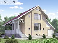 H-220-1P проект двухэтажного коттеджа из газобетона с цоколем и гаражом размером 9 на 7 