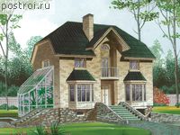 J-310-1P проект двухэтажного коттеджа из пенобетона с цоколем и гаражом размером 9 на 12 