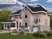 K-386-1P проект двухэтажного дома из газобетона с цоколем и гаражом размером 8 на 13 