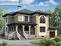 M-289-1K проект двухэтажного дома из кирпича с цоколем и гаражом размером 19 на 15 