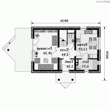 A-095-1K проект одноэтажного коттеджа из кирпича с мансардой размером 7 на 10  - 1-й этаж