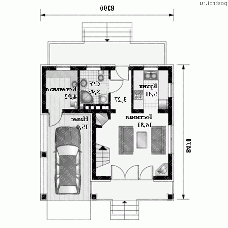 A-099-1P проект одноэтажного коттеджа из пеноблока с мансардой и гаражом размером 8 на 8 - 1-й этаж A-099-1P проект одноэтажного коттеджа из пеноблока с мансардой и гаражом размером 8 на 8 - 1-й этаж