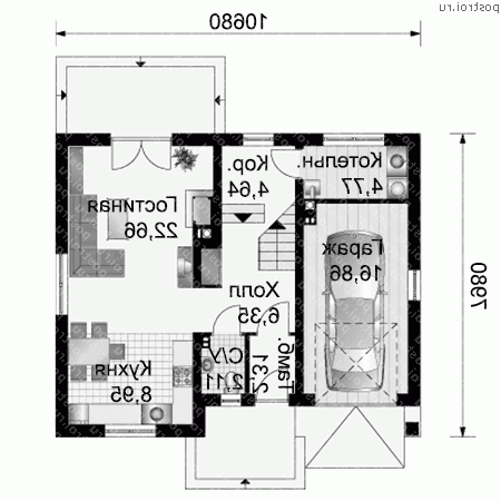 A-138-1P проект одноэтажного дома из газобетона с мансардой и гаражом размером 8 на 11  - 1-й этаж