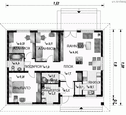 A-154-1P проект одноэтажного коттеджа из пенобетона размером 10 на 13  - 1-й этаж