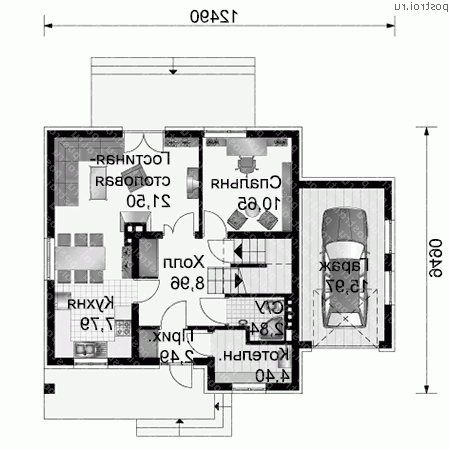 A-166-1K проект одноэтажного дома из кирпича с мансардой и гаражом размером 9 на 12 - 1-й этаж A-166-1K проект одноэтажного дома из кирпича с мансардой и гаражом размером 9 на 12 - 1-й этаж