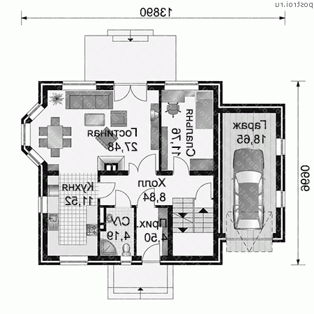 A-198-1K проект двухэтажного коттеджа из кирпича с цоколем и мансардой и гаражом размером 10 на 14  - 1-й этаж