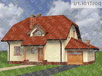 A-198-1K проект двухэтажного коттеджа из кирпича с цоколем и мансардой и гаражом размером 10 на 14  - вид слева