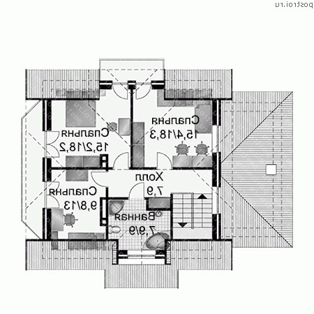 A-198-1K проект двухэтажного коттеджа из кирпича с цоколем и мансардой и гаражом размером 10 на 14  - мансарда