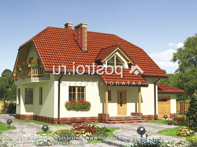 A-198-1K проект двухэтажного коттеджа из кирпича с цоколем и мансардой и гаражом размером 10 на 14 