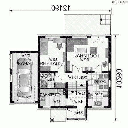 A-199-1K проект одноэтажного коттеджа из кирпича с мансардой и гаражом размером 10 на 12  - 1-й этаж