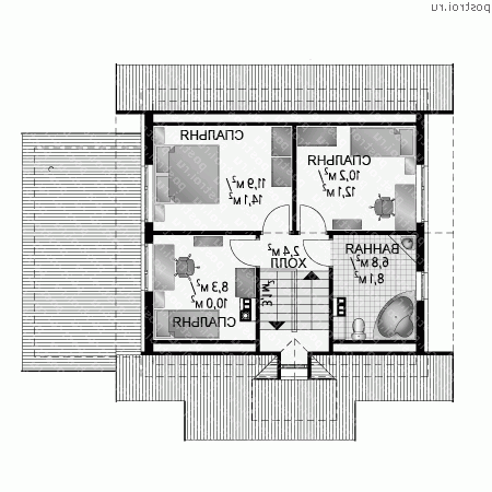 A-199-1K проект одноэтажного коттеджа из кирпича с мансардой и гаражом размером 10 на 12  - мансарда