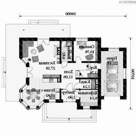 A-227-1P проект одноэтажного коттеджа из газобетона с мансардой и гаражом размером 11 на 16  - 1-й этаж