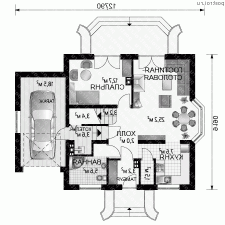 A-247-1P проект одноэтажного дома из пеноблоков с мансардой и гаражом размером 9 на 13 - 1-й этаж A-247-1P проект одноэтажного дома из пеноблоков с мансардой и гаражом размером 9 на 13 - 1-й этаж