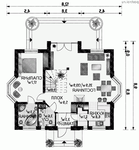 A-248-1P проект одноэтажного дома из газобетона с мансардой размером 10 на 13  - 1-й этаж