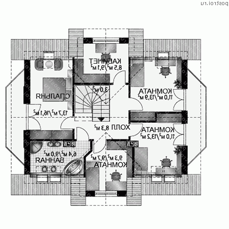 A-248-1P проект одноэтажного дома из газобетона с мансардой размером 10 на 13  - мансарда