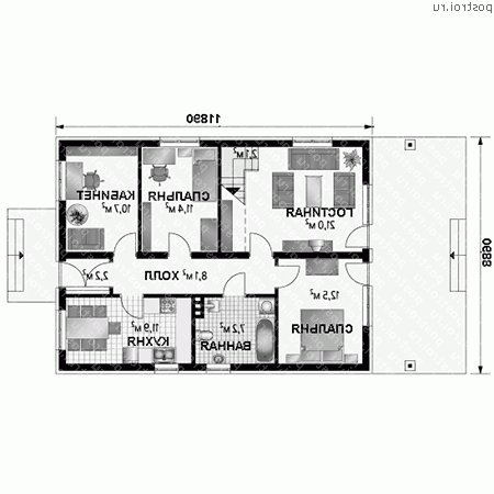 A-263-1K проект одноэтажного коттеджа из кирпича с мансардой размером 12 на 9  - 1-й этаж
