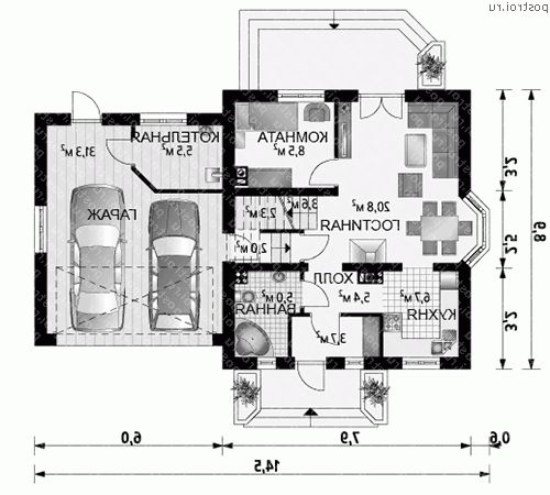 A-264-1K проект одноэтажного дома из кирпича с мансардой и гаражом размером 9 на 15  - 1-й этаж