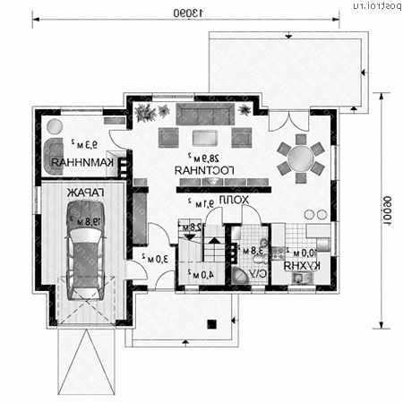 A-268-1K проект одноэтажного дома из кирпича с мансардой и гаражом размером 10 на 13  - 1-й этаж