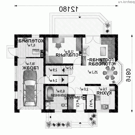 A-280-1P проект одноэтажного дома из пеноблоков с мансардой и гаражом размером 9 на 12  - 1-й этаж