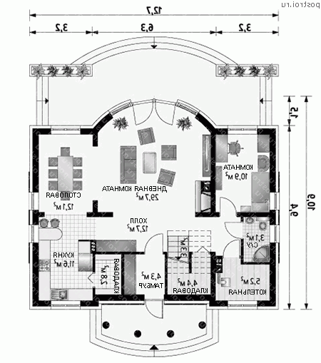 A-319-1P проект одноэтажного дома из пеноблоков с мансардой размером 11 на 13  - 1-й этаж