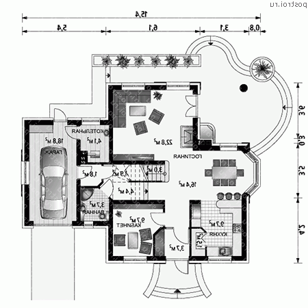 A-348-1P проект одноэтажного дома из пенобетона с мансардой и гаражом размером 12 на 15  - 1-й этаж